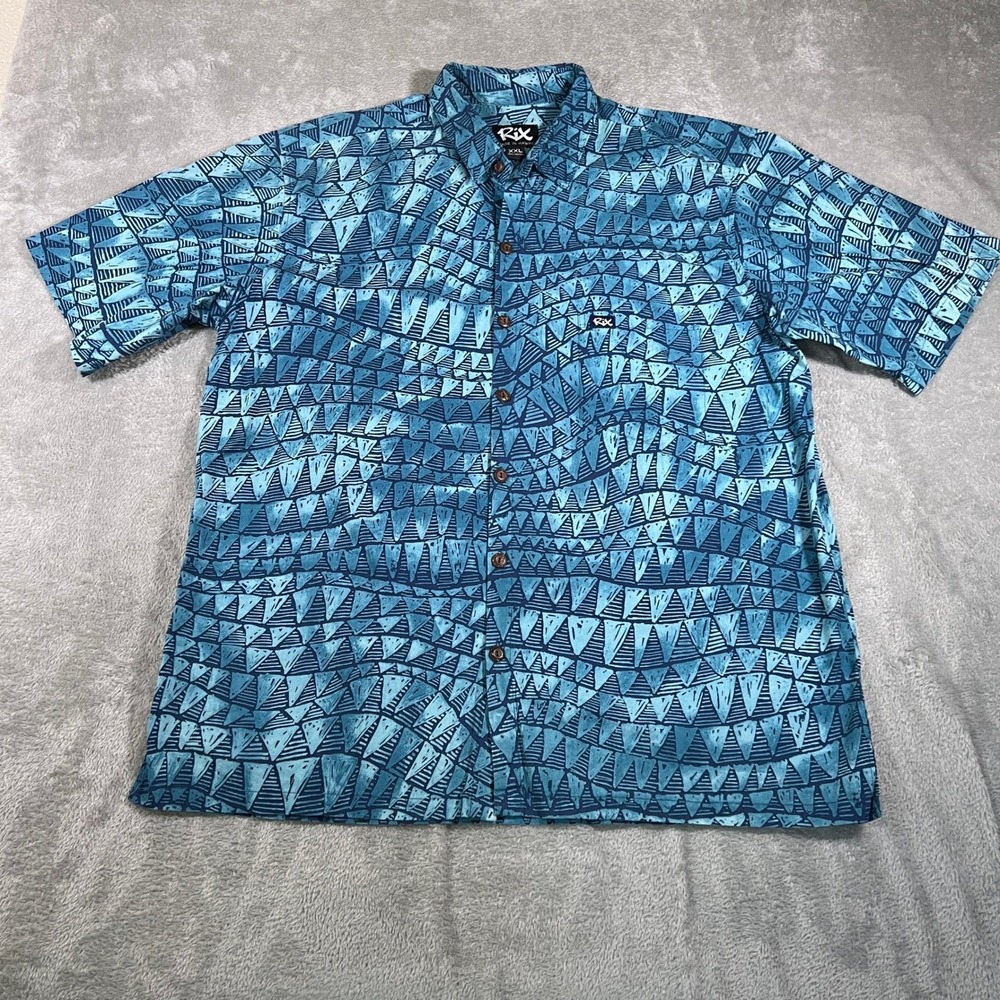 Rix Shirt‎ Mens XXL Blue Hawaiian Geometric Print Button Up Short Sleeve